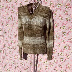 Vintage 70s sweater  | XS - S |oat meal  v neck beige cream striped
